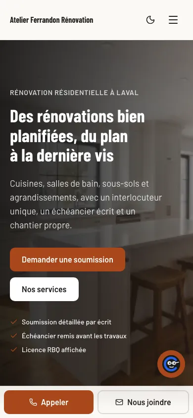 Demo site of a renovation contractor: terracotta palette on cream, Barlow Condensed headings, home page with itemised quote, kitchens, bathrooms and basements.
