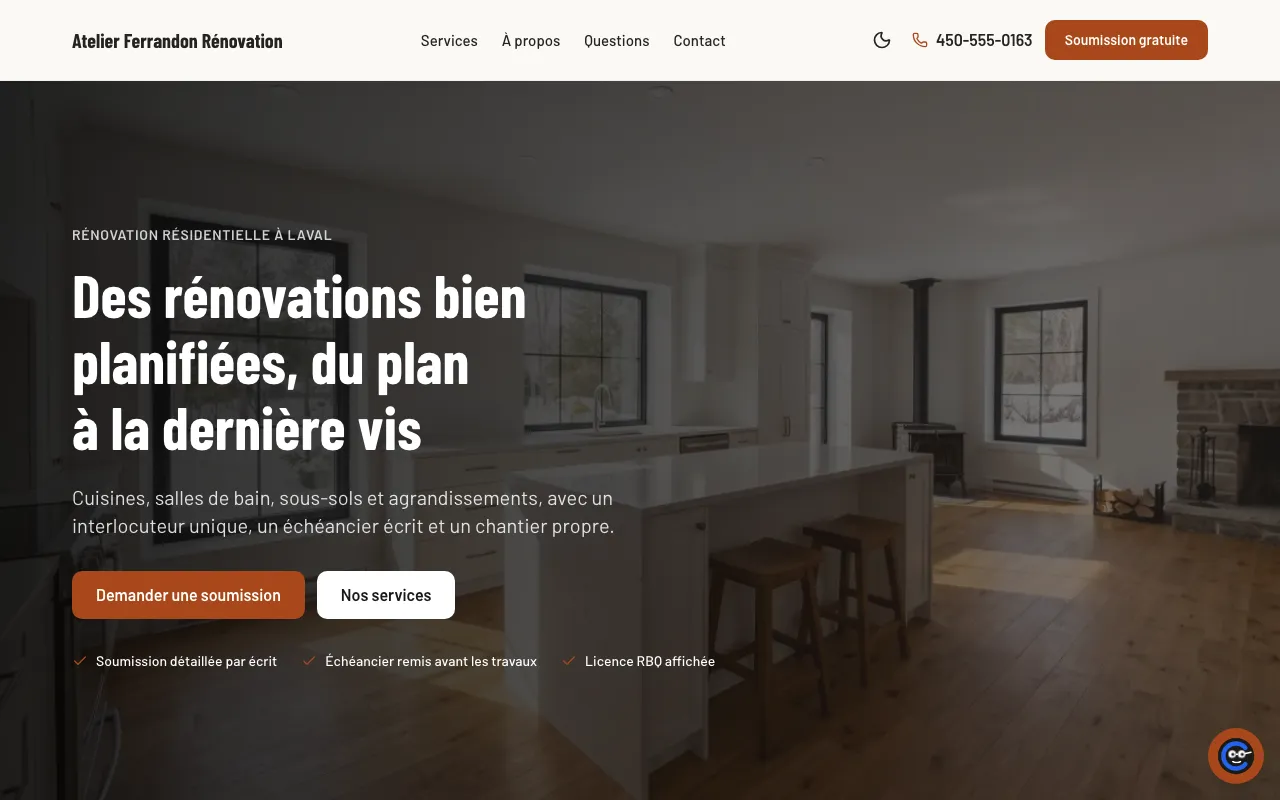 Demo site of a renovation contractor: terracotta palette on cream, Barlow Condensed headings, home page with itemised quote, kitchens, bathrooms and basements.