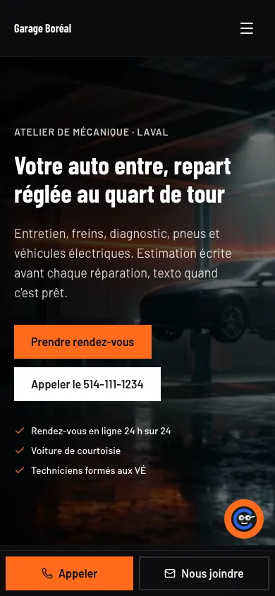 Demo site of an auto repair shop: dark orange and black theme, Barlow Condensed headings, appointments, maintenance plans and winter tires.