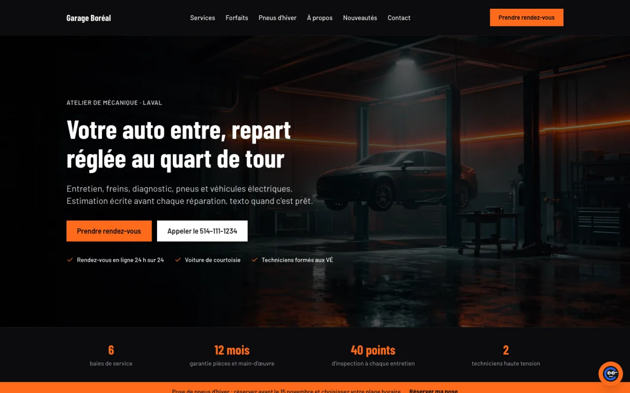 Demo site of an auto repair shop: dark orange and black theme, Barlow Condensed headings, appointments, maintenance plans and winter tires.