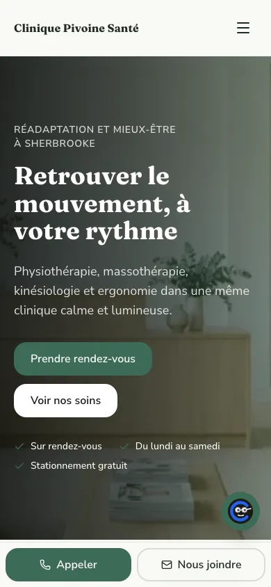 Demo site of a health clinic: sage palette on a light background, Fraunces headings, physiotherapy, massage therapy, kinesiology and ergonomics.