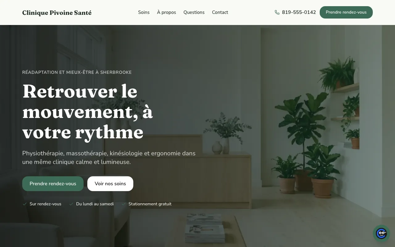 Demo site of a health clinic: sage palette on a light background, Fraunces headings, physiotherapy, massage therapy, kinesiology and ergonomics.